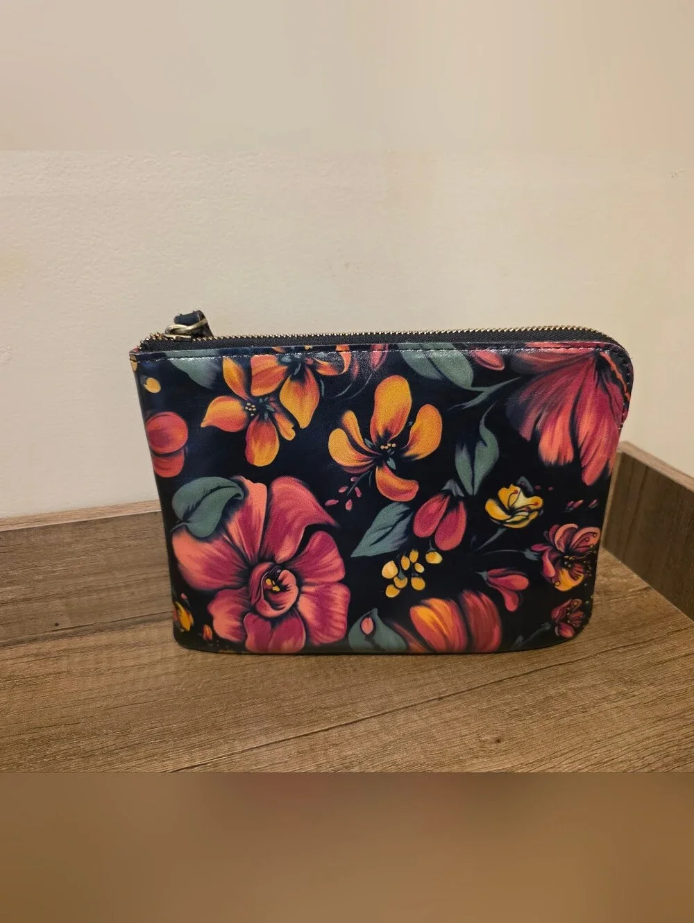 Particia Nash Floral Zip Pouch Clutch in Navy with Pink & Yellow Blooms